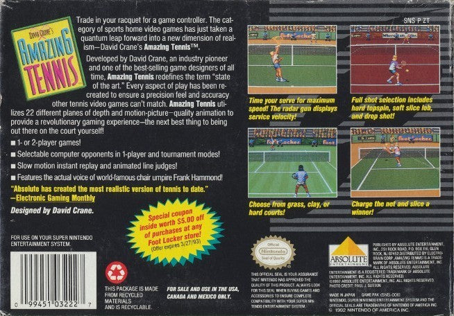 David Crane's Amazing Tennis - (SNES) Super Nintendo [Pre-Owned] Video Games Absolute Entertainment   