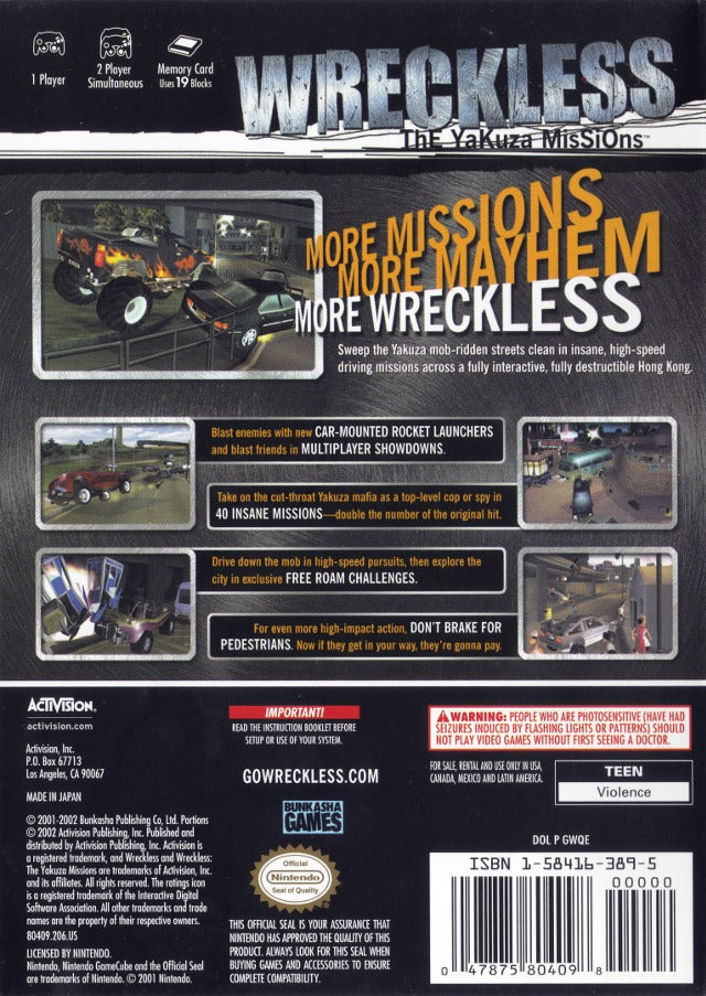 Wreckless outlet Yakuza Missions for Nintendo GameCube