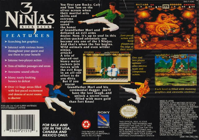 3 Ninjas Kick Back Snes Super Nintendo sold Authentic Tested Game Cart Cartridge Rare