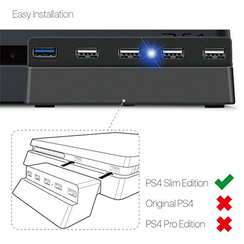 PS4 Slim USB Hub 3.0 USB Extension Adapter Splitter Charging Port (1x USB3.0 and 4X USB2.0) with LED ( Black Color) - (PS4) Playstation 4 Accessories TNP Products   