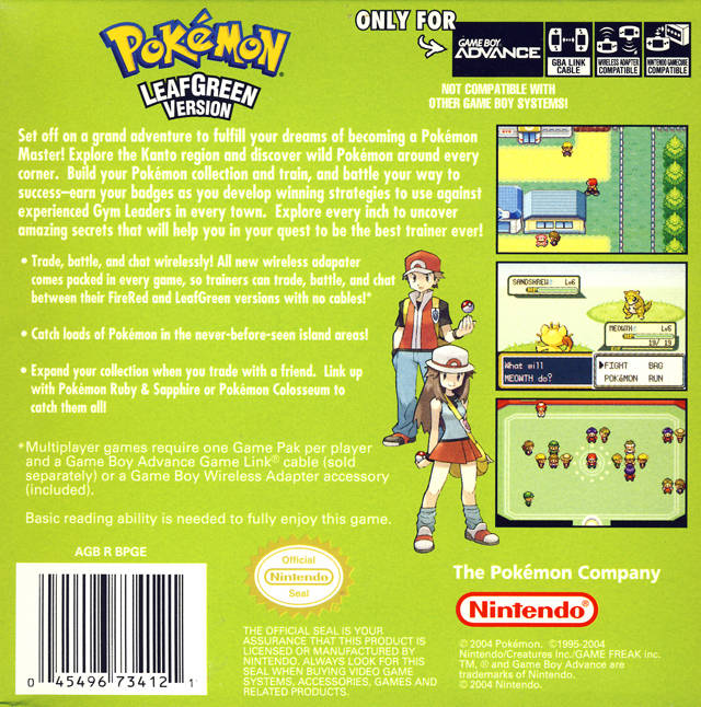 Pokemon LeafGreen Version for Nintendo Gameboy hotsell Advance