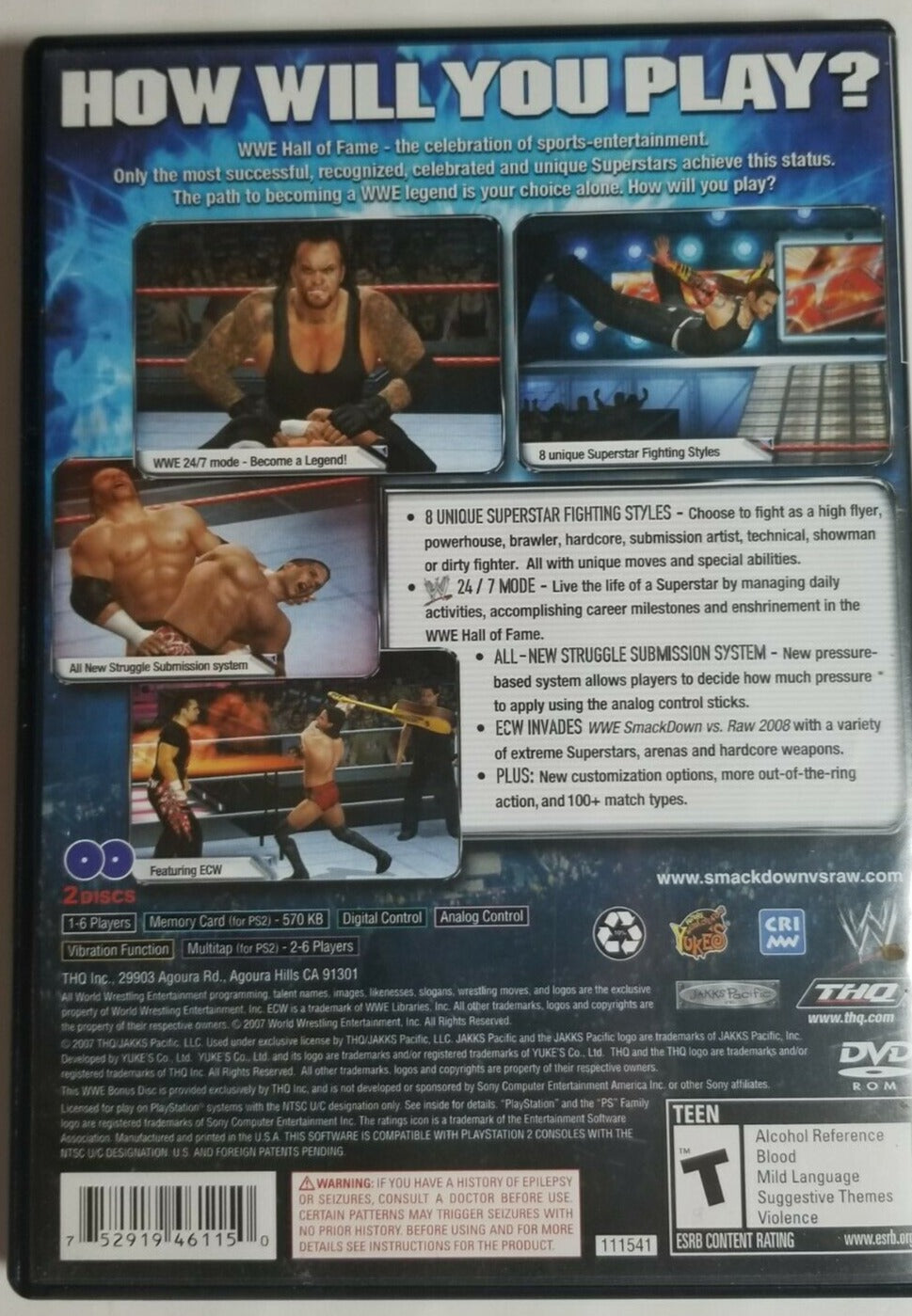 WWE SmackDown vs. Raw 2008 With Bonus Disc - (PS2) PlayStation 2 [Pre-Owned] Video Games THQ   